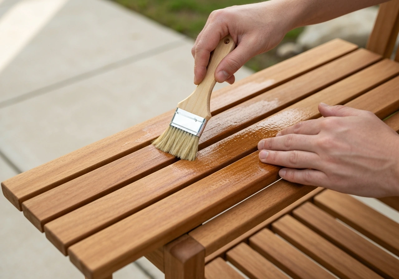 Person applying penetrating sealer oil to teak patio furniture, wood grain visibly wet and protected.
