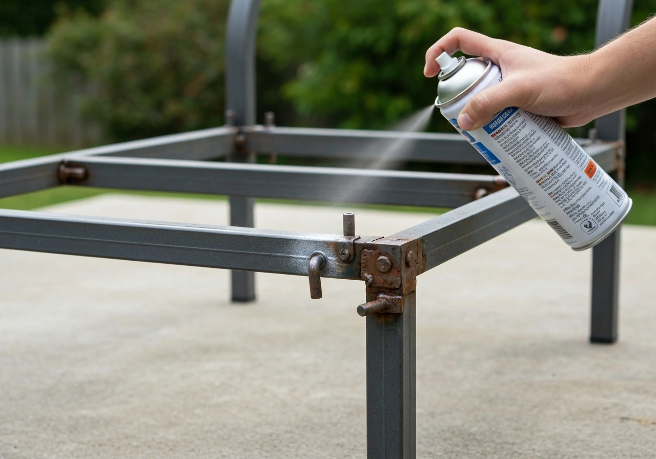 Hand applying rust-inhibiting spray to an iron patio chair frame joints and hardware.