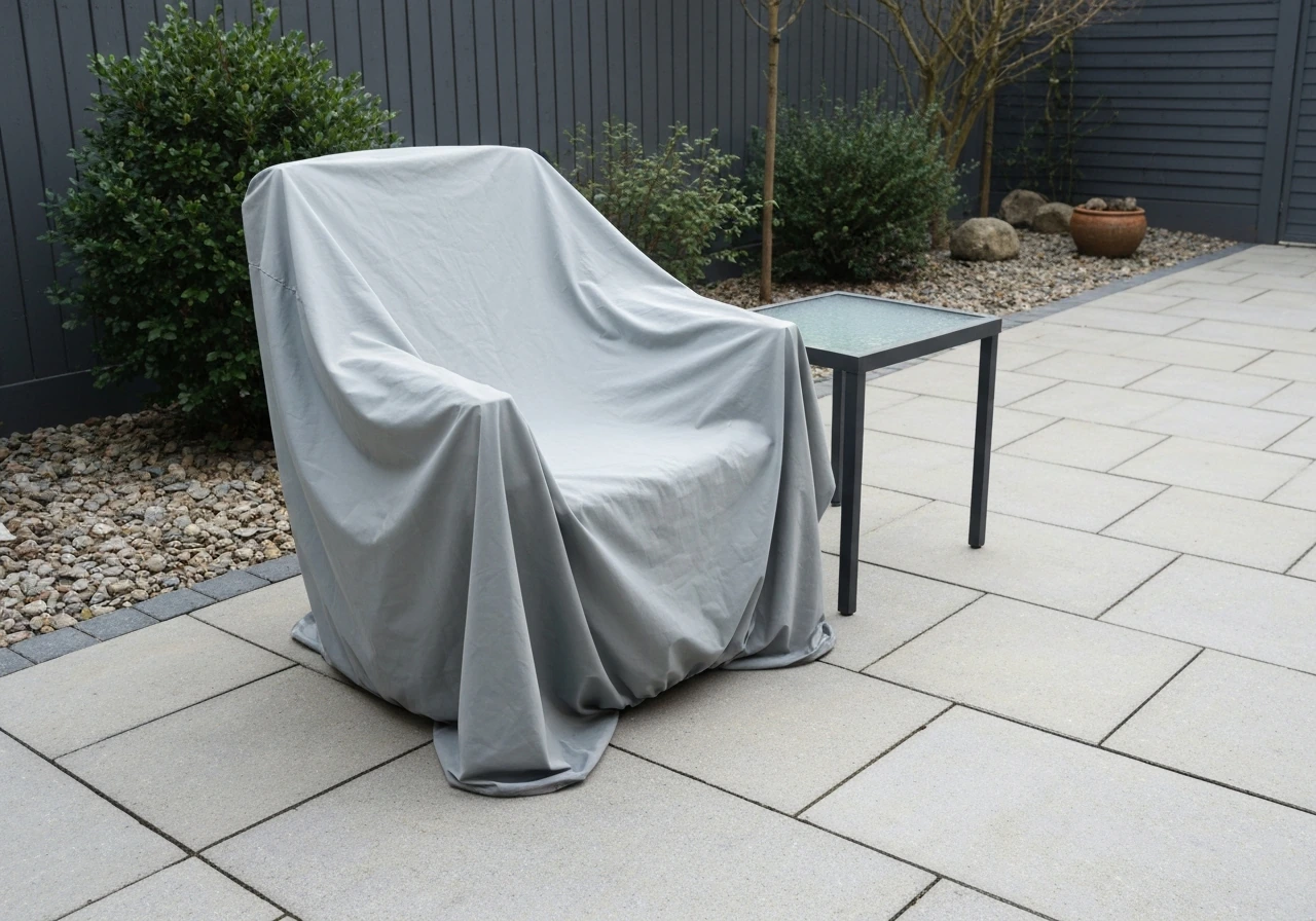 Water-resistant breathable cover loosely fitted over outdoor patio furniture with visible clearance gaps.