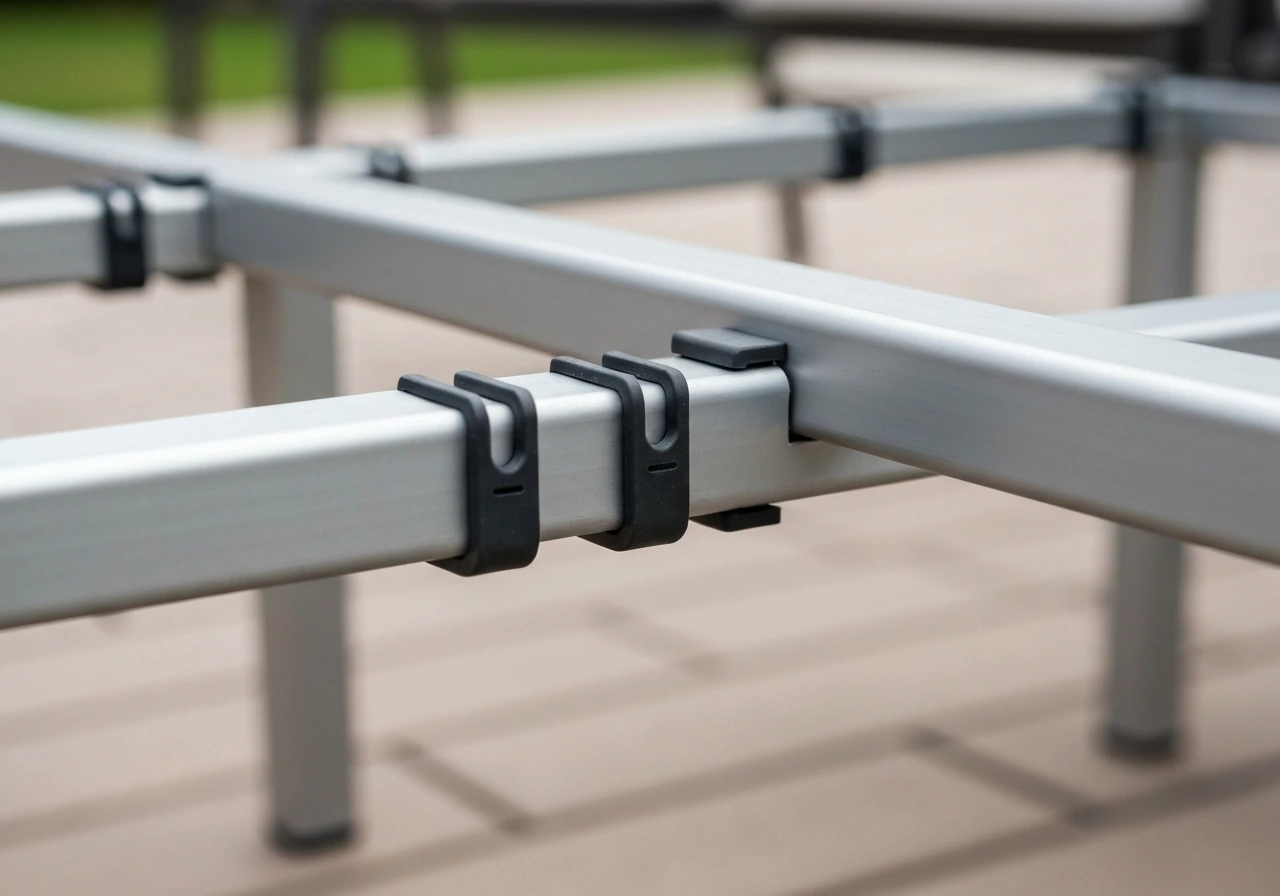 Close-up of C- and U-shaped snap clips clipped onto the underside frame tubing of a patio sectional.