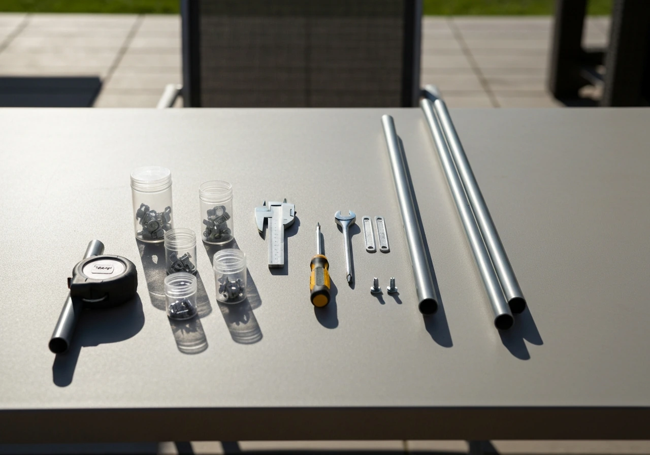 Tools and matched connectors beside a small patio furniture frame section on a clean work surface.