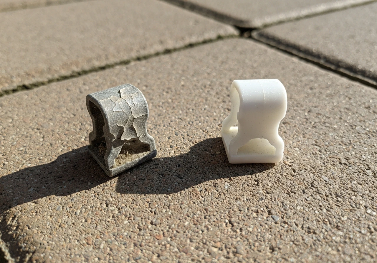 Two plastic snap clips on a patio surface: one cracked and brittle, one intact and new.