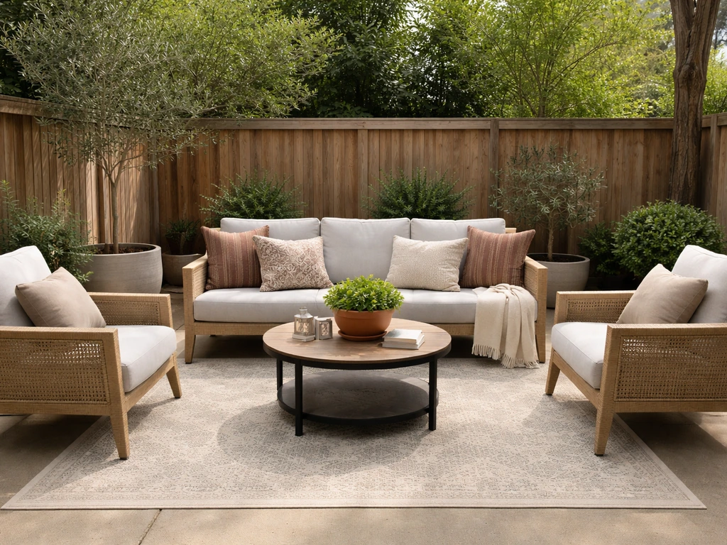 Guest-ready outdoor patio seating staged with a rug, layered cushions, and simple accessories.