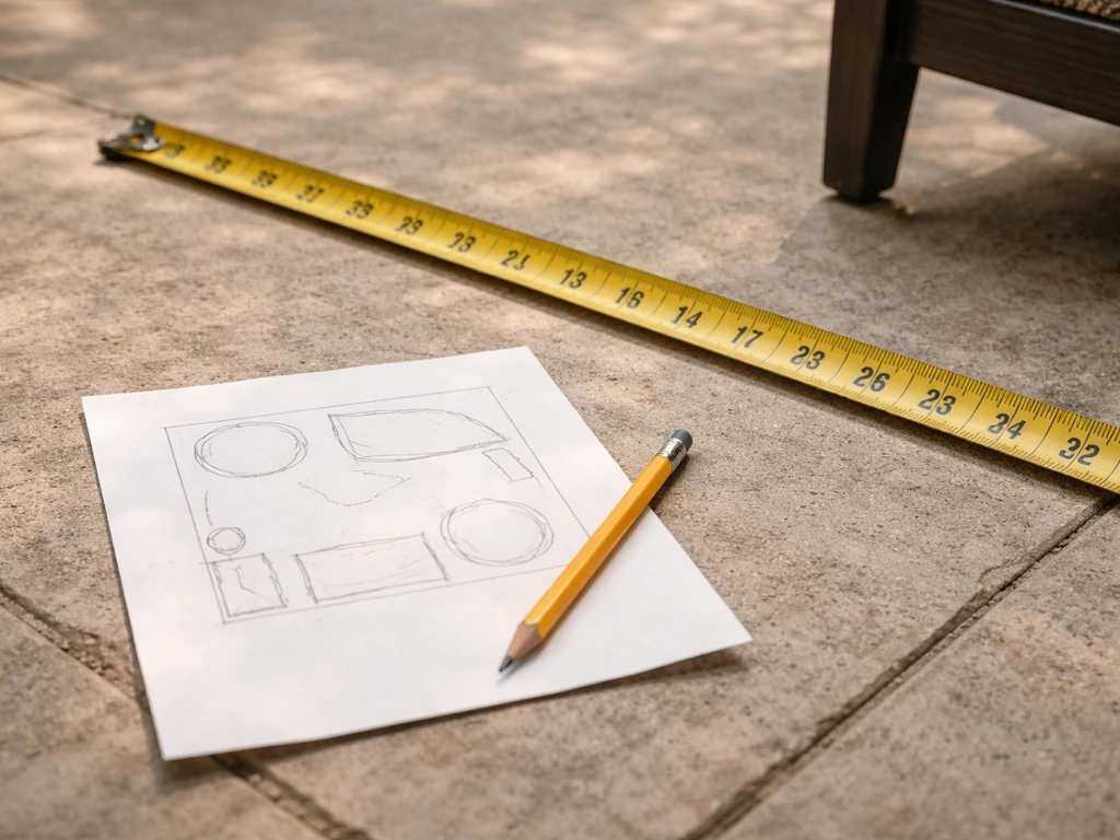 Measuring tape and pencil with a rough layout sketch on a patio for planning dining and lounge zones.