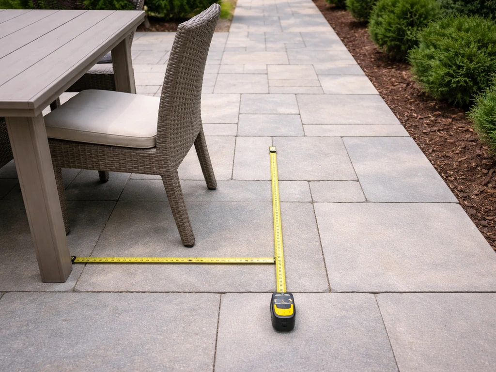Outdoor patio dining chair pulled out with tape measure on ground showing clear spacing to walkways.
