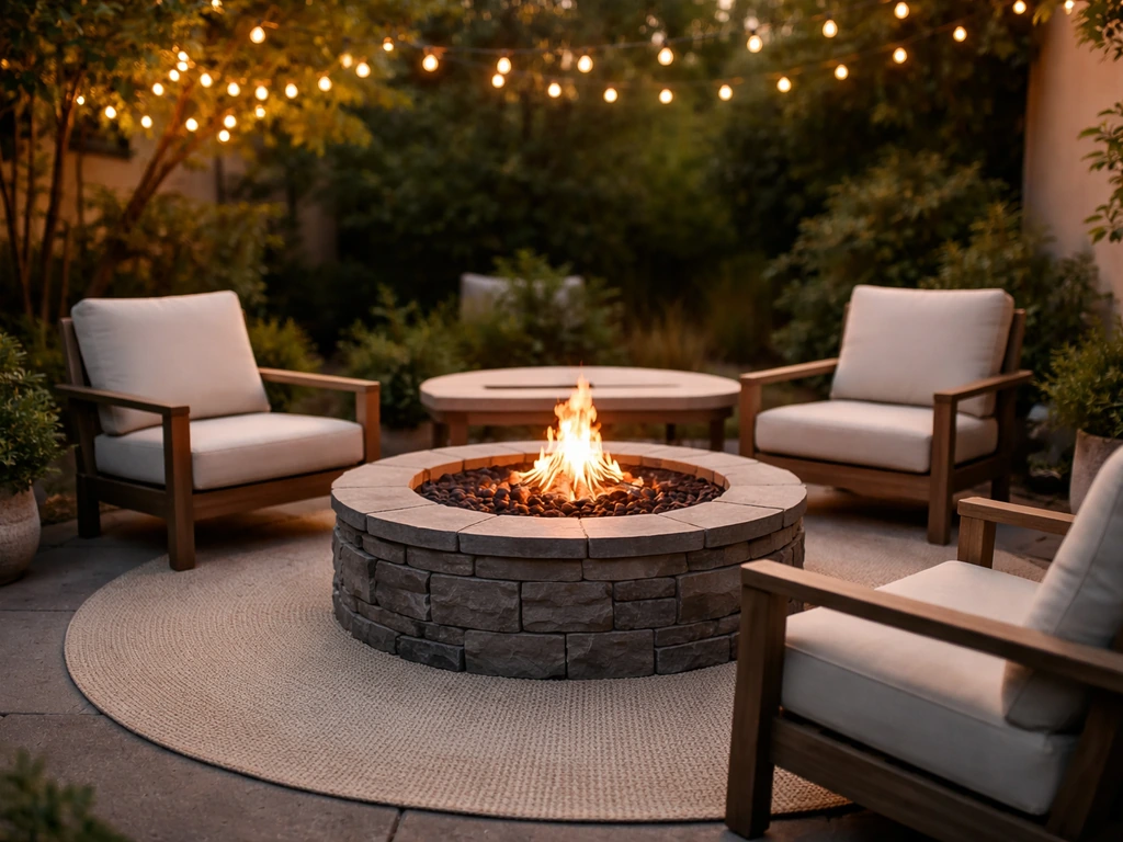 Staged patio with a central firepit, outdoor rug, and seating angled toward the warm flames at golden hour.