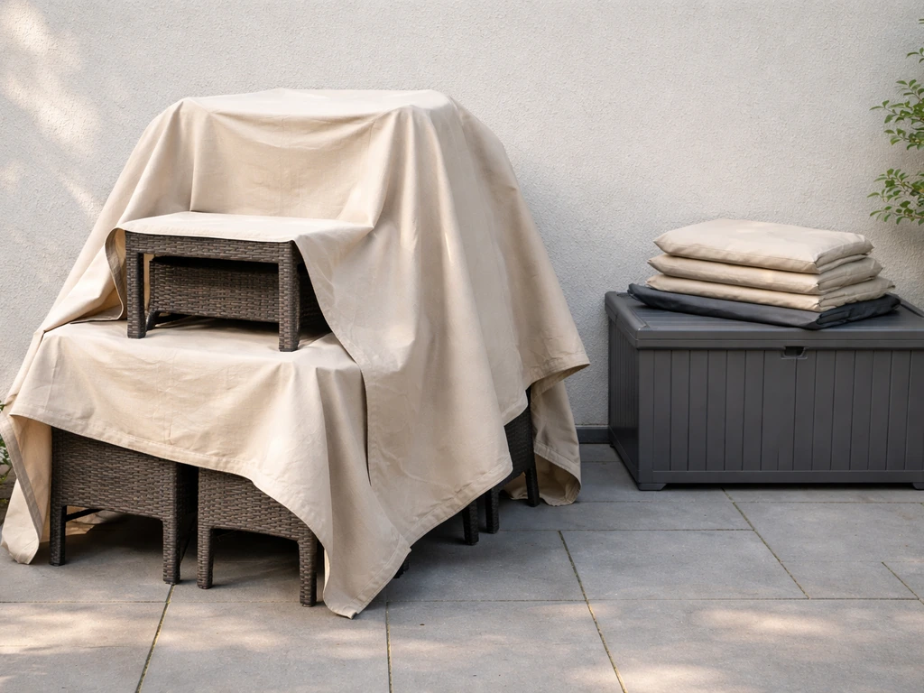 Breathable covers draped over stacked patio furniture with spare covers and storage bin nearby.