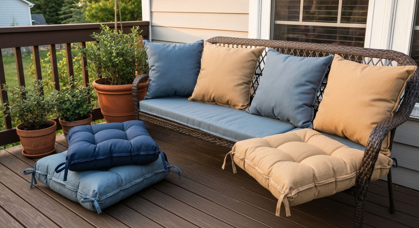Sunlit patio bench with handmade outdoor cushions showcasing a simple, budget-friendly DIY finish.