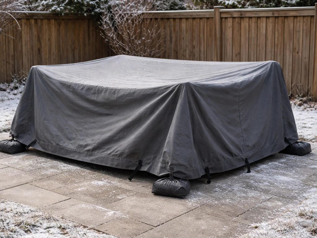 Patio furniture covered with a tarped winter cover, secured with straps and slightly elevated for ventilation.