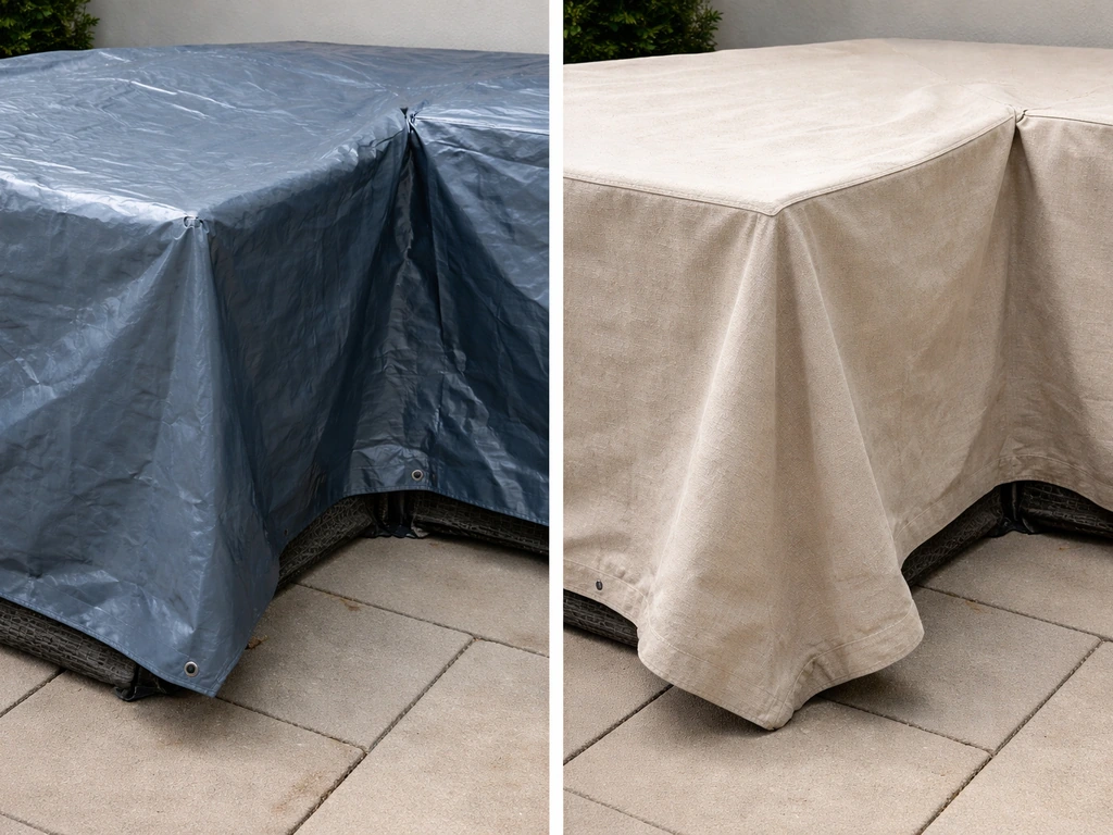 Close-up of poly vs canvas tarps draped over anonymous patio furniture, showing different textures and fit.