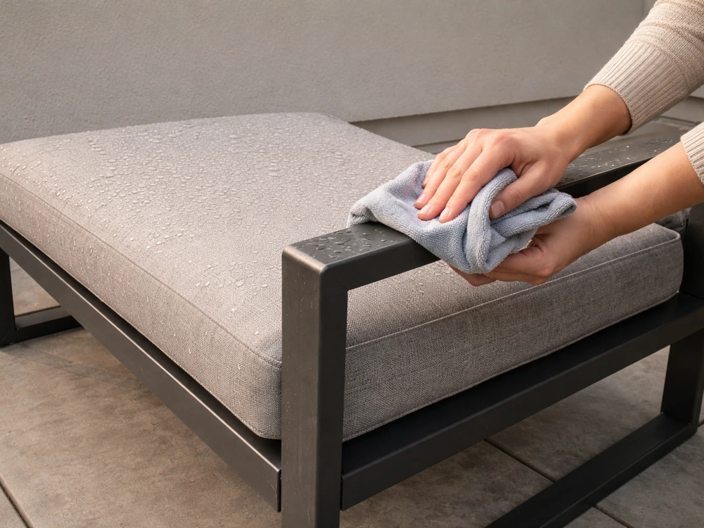 Patio furniture frames and cushions being wiped and air-dried on a clean outdoor surface