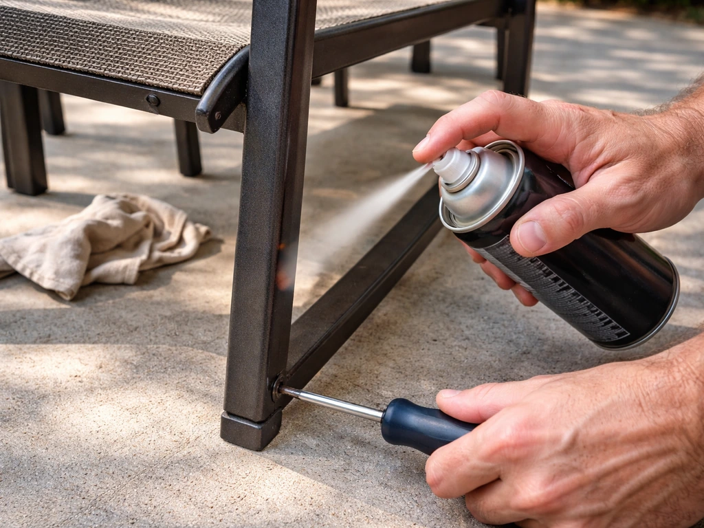 Hands tightening a patio chair leg screw while rust-inhibiting spray paint is applied to a metal frame.