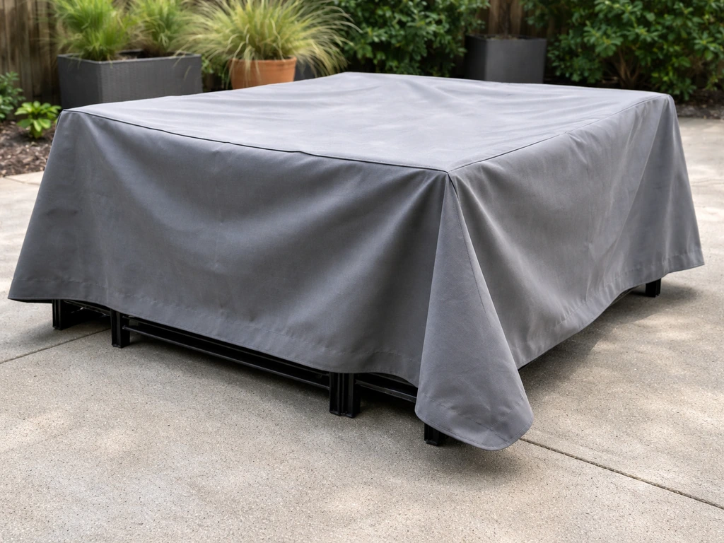 Gray tarp pulled taut over nested patio chairs with a visible ventilation gap at the base.