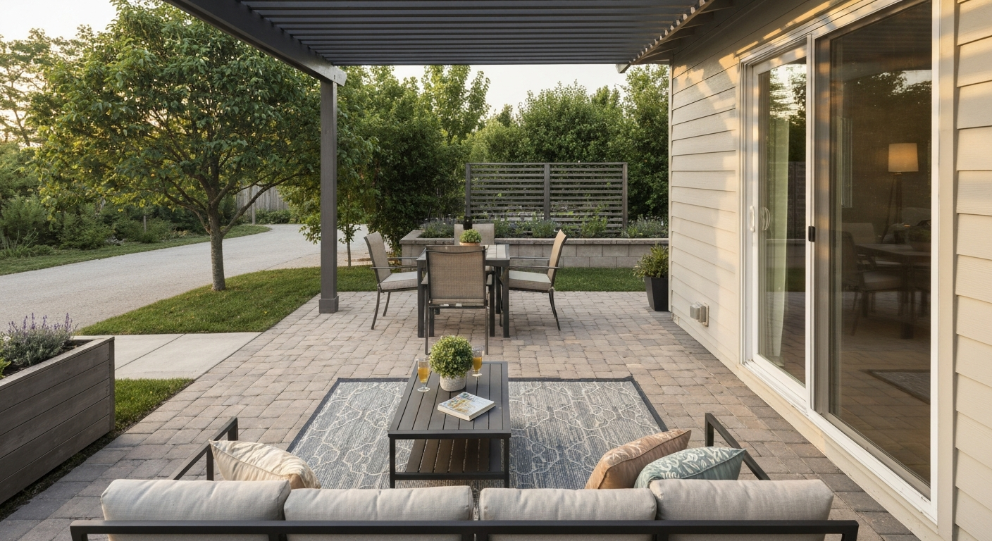 Late-afternoon patio with table and chairs on pavers, partial shade from a tree and pergola, clear path to the house, and low windscreen planters.