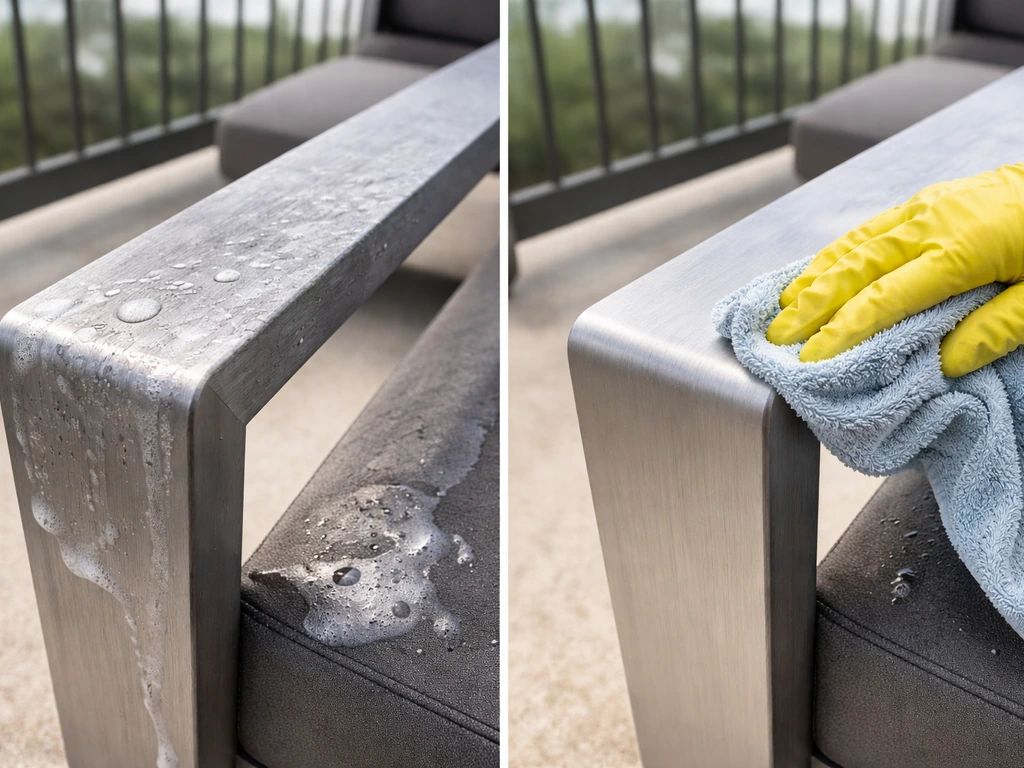 Close-up of patio aluminum furniture being washed with soapy water and wiped clean using a microfiber cloth.