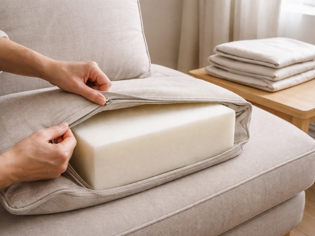 Hands swapping a sofa cushion cover with foam exposed, clean replacement covers folded on a side table.