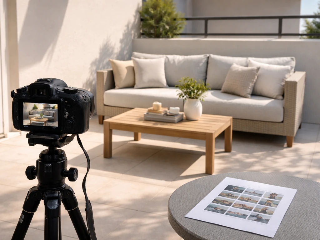 Staged patio furniture in morning light with a simple shot list beside a camera on a table