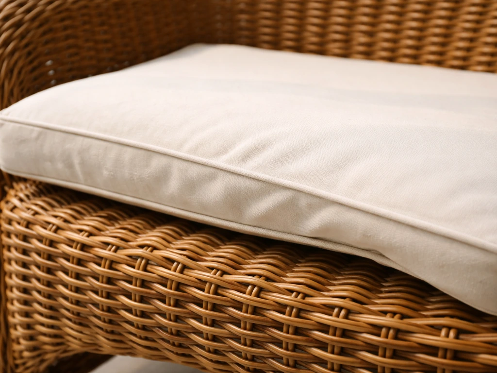 Close-up of wicker chair weave with a cushion slightly sliding off, showing rounded crisscross texture.