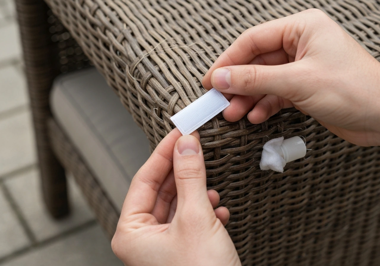Person wiping a wicker rail with isopropyl alcohol, then pressing hook-and-loop velcro onto it