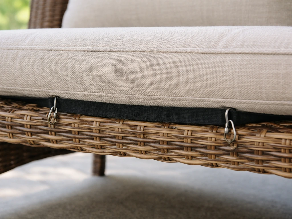 Close-up of an elastic anchor strap under a cushion, hooked with S-hooks to both sides of a wicker frame.