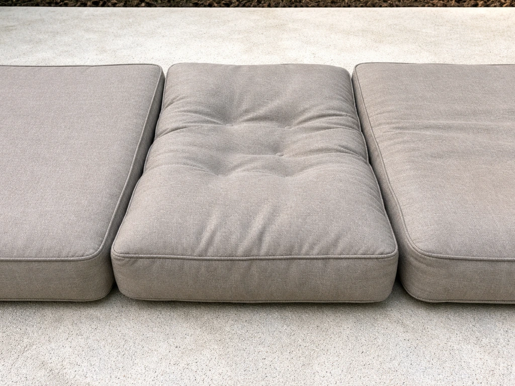 Three patio cushion close-ups showing compressed hard spots, lumpy ridges, and flat worn areas.