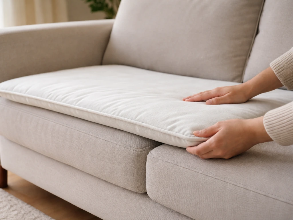 Hands place a thin cushion topper on an existing couch cushion, showing a subtle comfort upgrade.