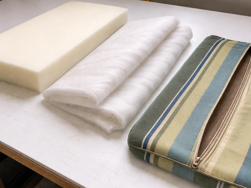 Foam insert, batting, and an outdoor cushion cover with a zipper laid out on a table ready for reupholstery.