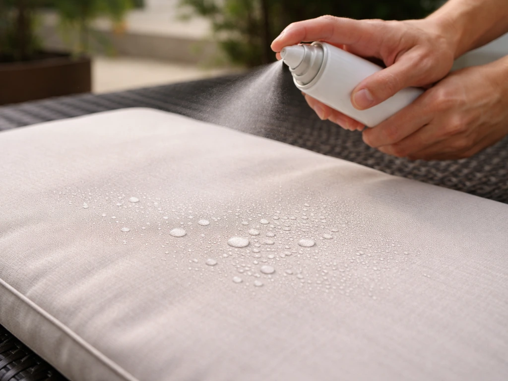 Hands spraying outdoor cushion fabric with water repellent, with droplets beading on the surface.