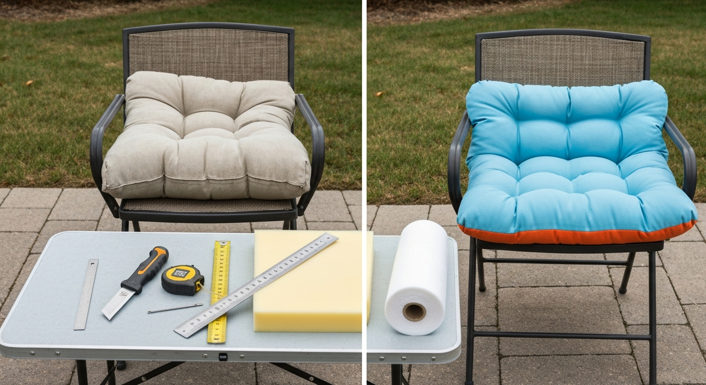 Before-and-after restuffed patio cushion on a chair with DIY tools laid out on a work table — shows old flat cushion vs new plump cushion and foam/tools.