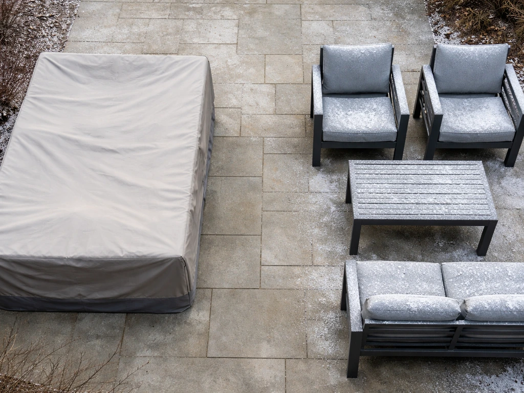 Top-down winter patio: one furniture set under a cover, another uncovered with frost and snow.