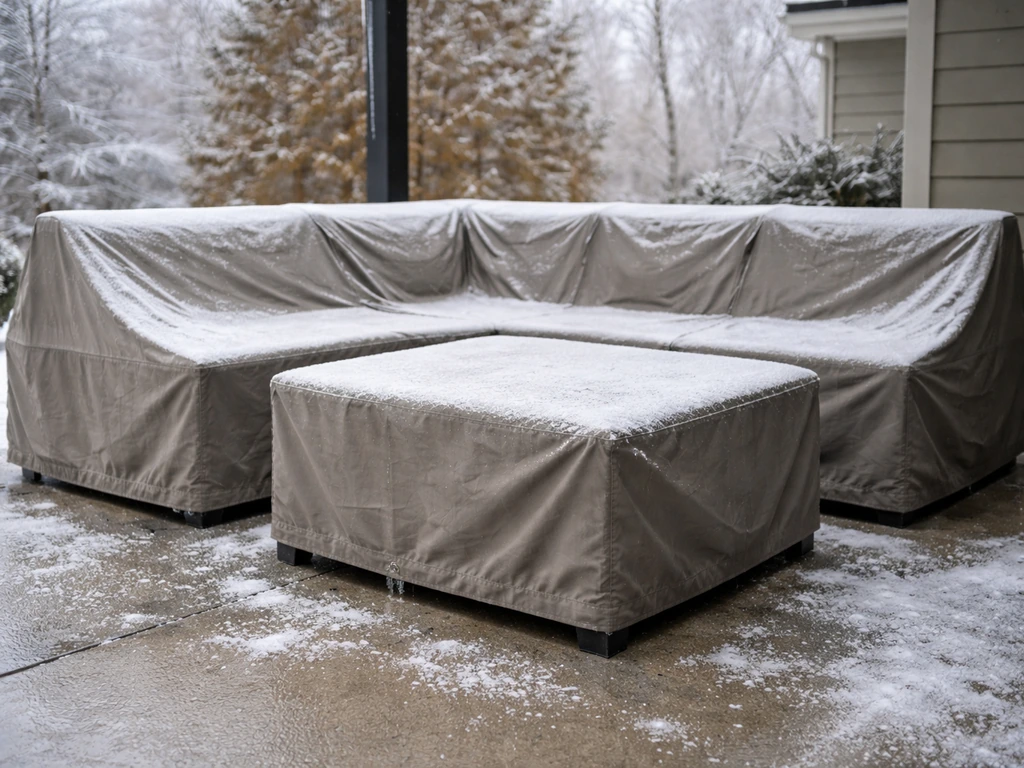 Outdoor patio furniture under a winter cover with snow and ice on the ground.