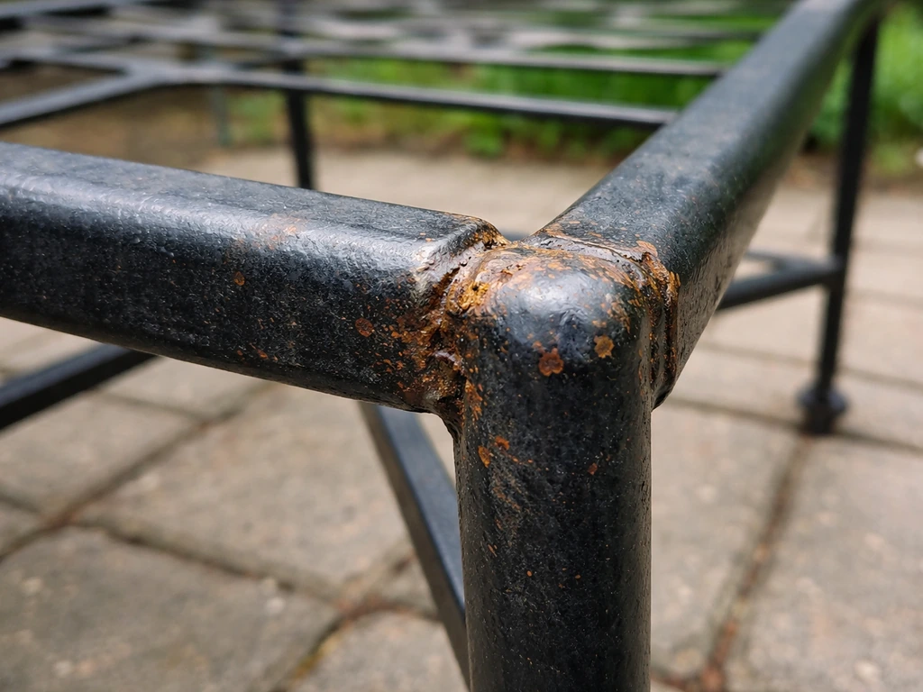 Close-up of a steel patio chair frame showing early rust at seams and welds