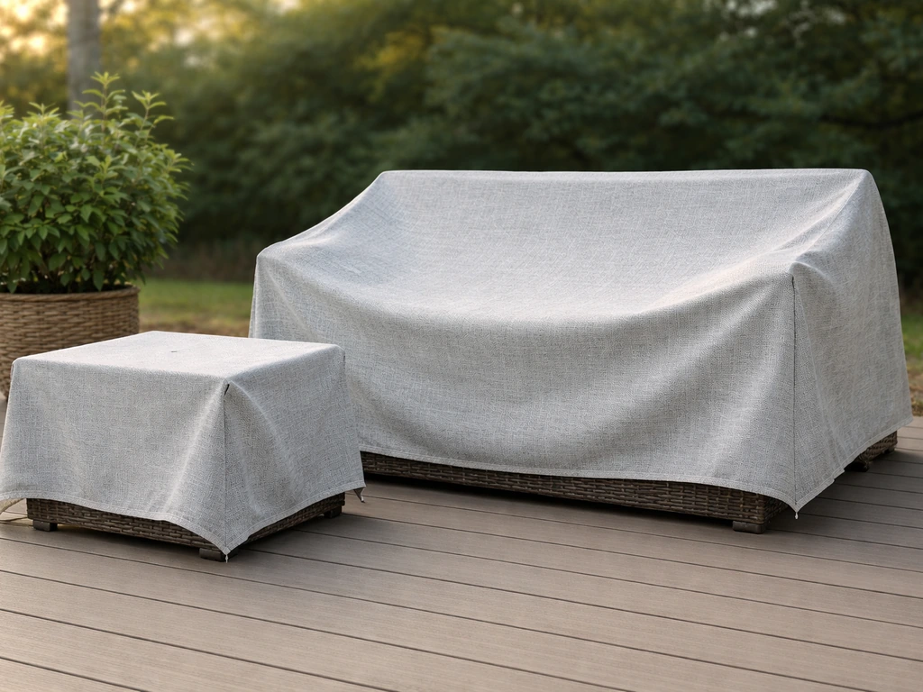 Resin wicker patio furniture under a breathable cover with visible ventilation gaps for outdoor storage.