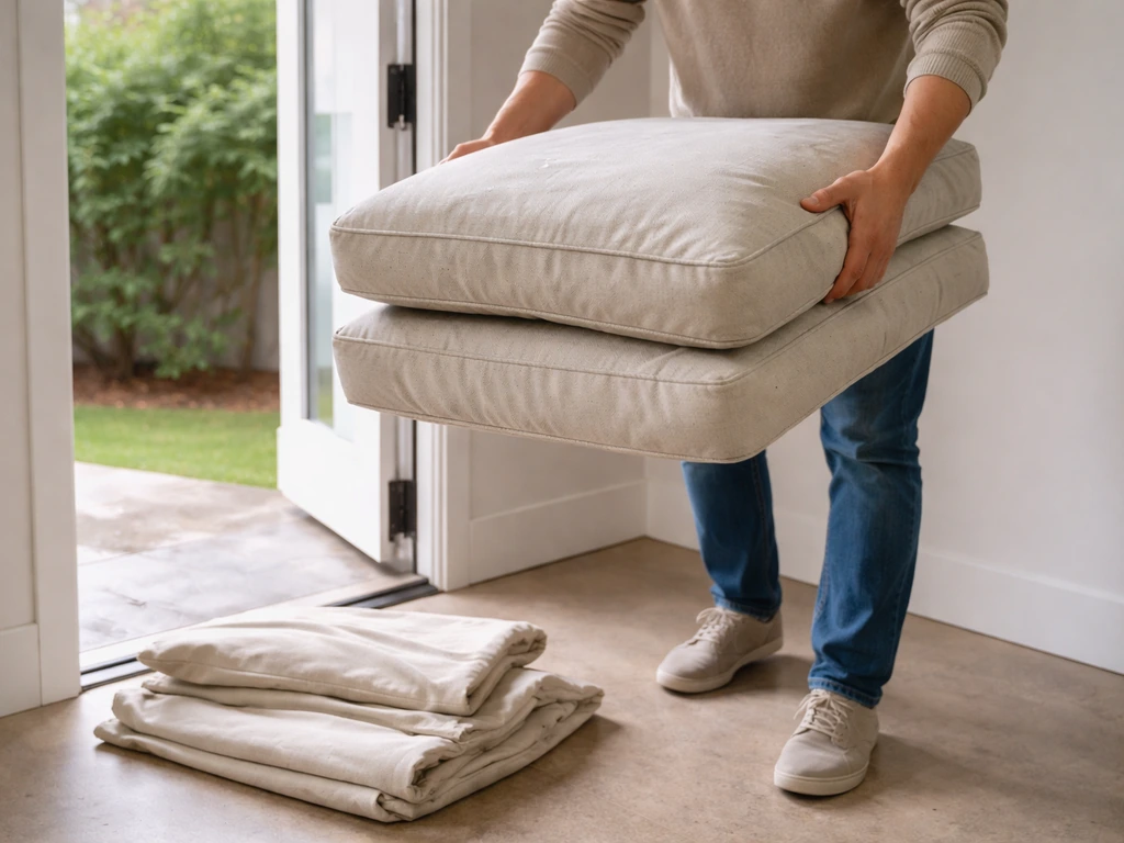Patio seat cushions being carried indoors to dry storage for winter protection