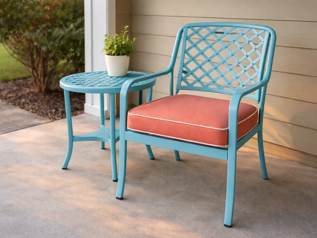 Refreshed patio chair and side table with newly painted frame and fresh cushions on a covered porch