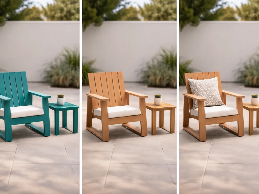 Patio with three finished mock-up setups showing bold paint, neutral stain, and patterned cushions in natural light.