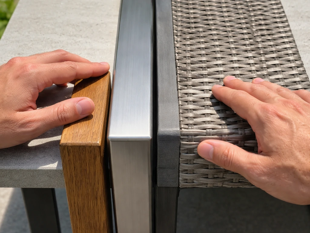 Anonymous hands closely inspect patio furniture—wood grain, metal surface, and wicker weave under natural light.
