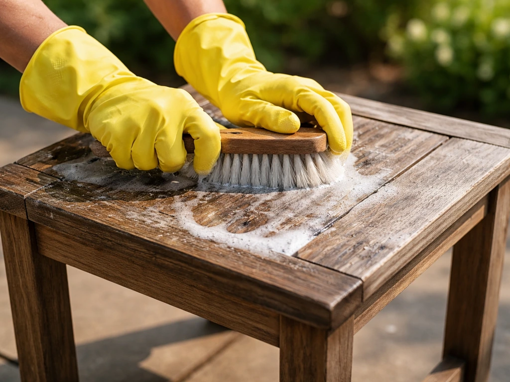 Patio table being scrubbed with a stiff brush, showing a deep-cleaning step with cleaning solution.