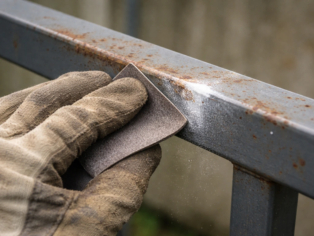 Close-up of sanding a rusted metal frame spot to bare metal before priming.
