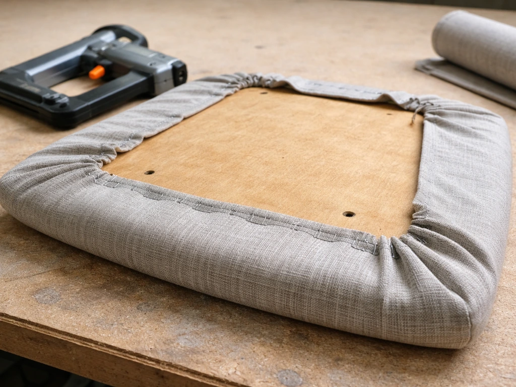 Removable chair cushion upside down on a bench while fabric is stretched and stapled to the underside.