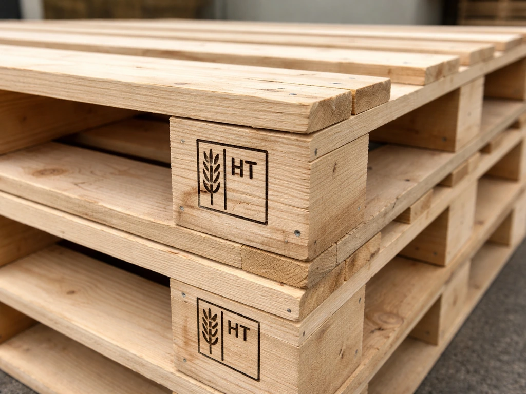 Close-up of heat-treated HT pallet boards showing stamped markings and good condition for an outdoor couch build.