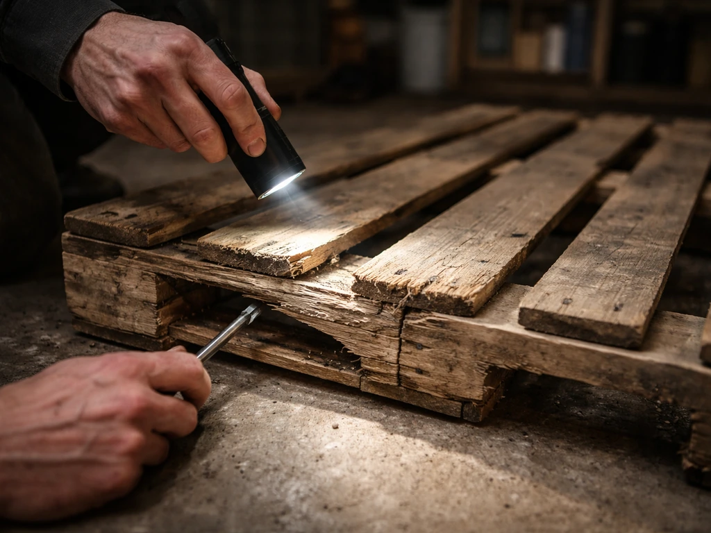 Person inspecting a wooden pallet with a flashlight for cracked boards and broken stringers.