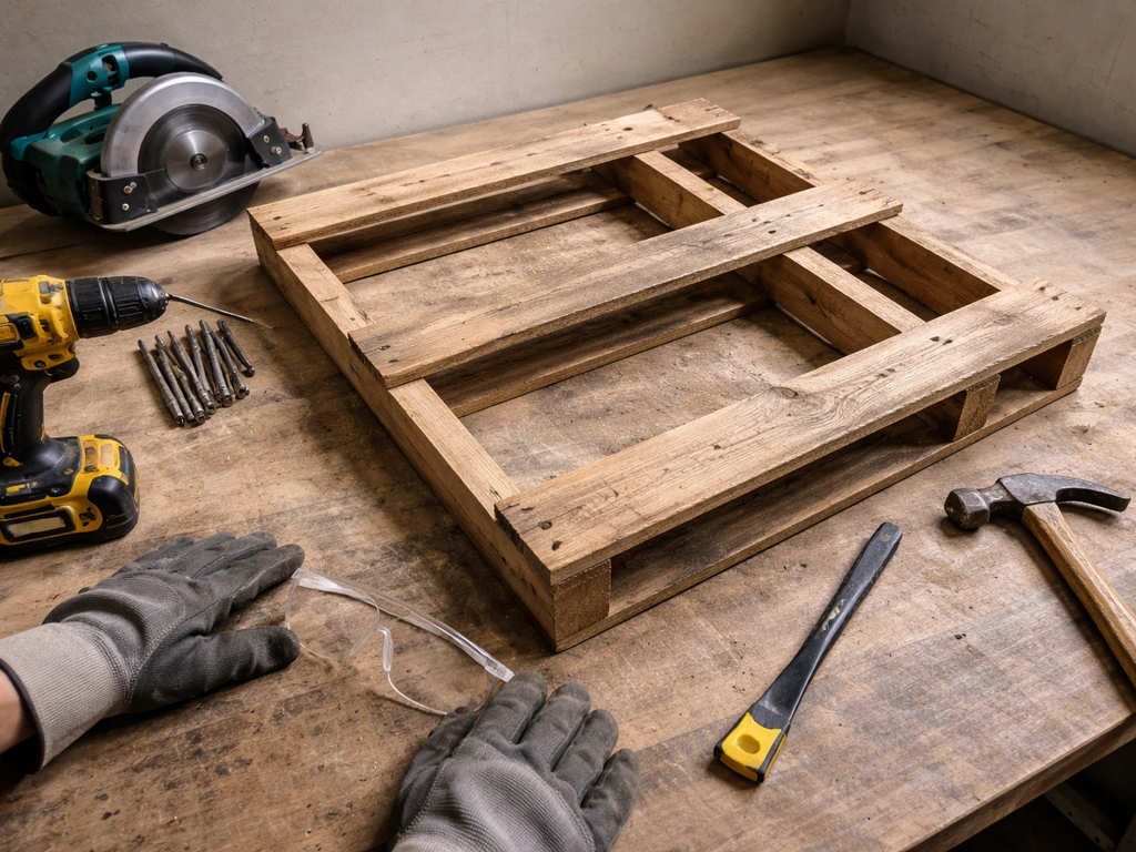 PPE-clad worker’s hands next to partially disassembled pallet with saw, drill, pry bar, and hammer on a bench