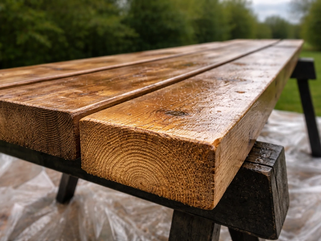 Pallet wood drying outdoors after applying stain, with end grain sealed first under natural light.
