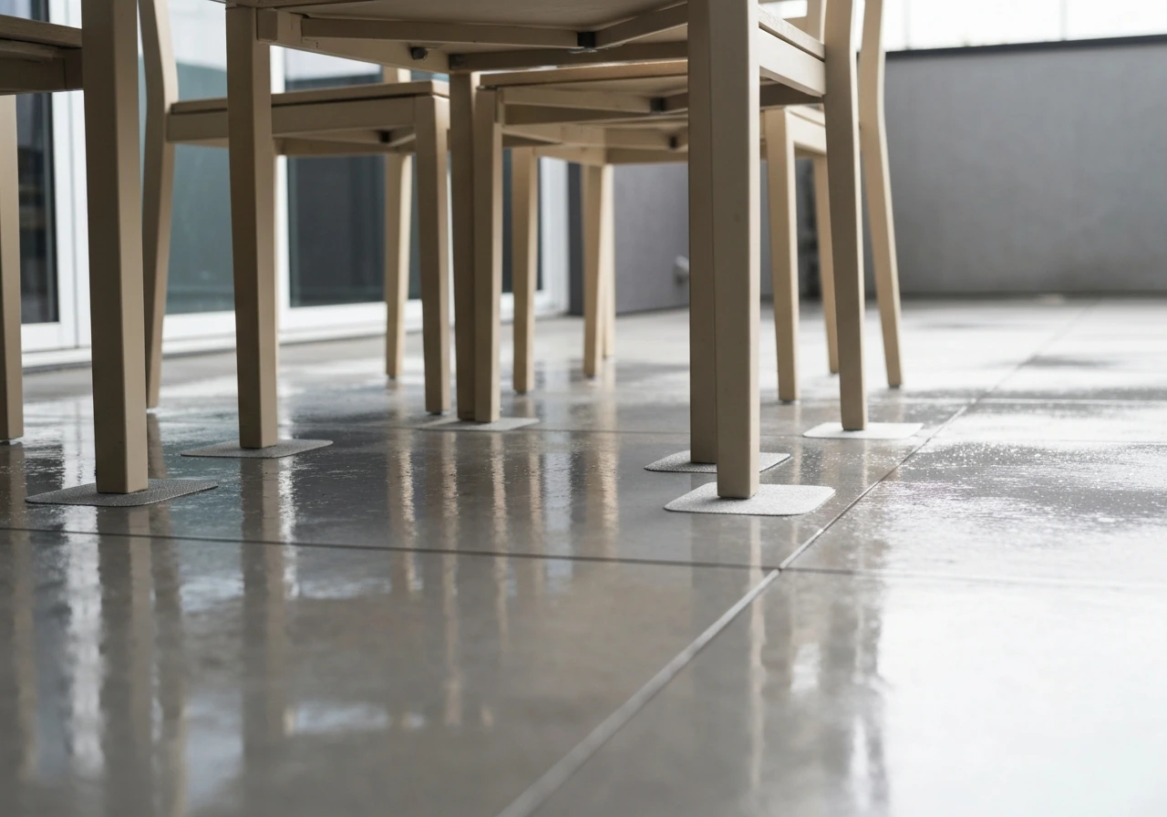 Low-angle view of patio chair legs with non-slip rubber pads on a wet patio to prevent sliding