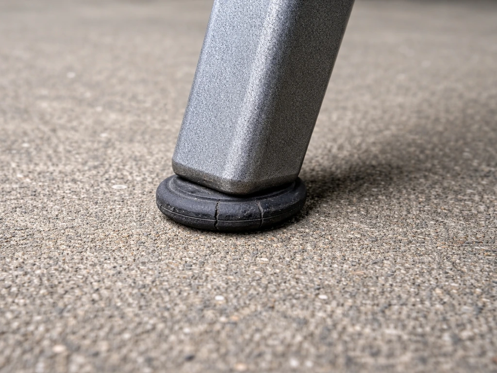 Close-up of a patio chair’s metal leg on concrete showing a worn or slick foot glide causing slipping.