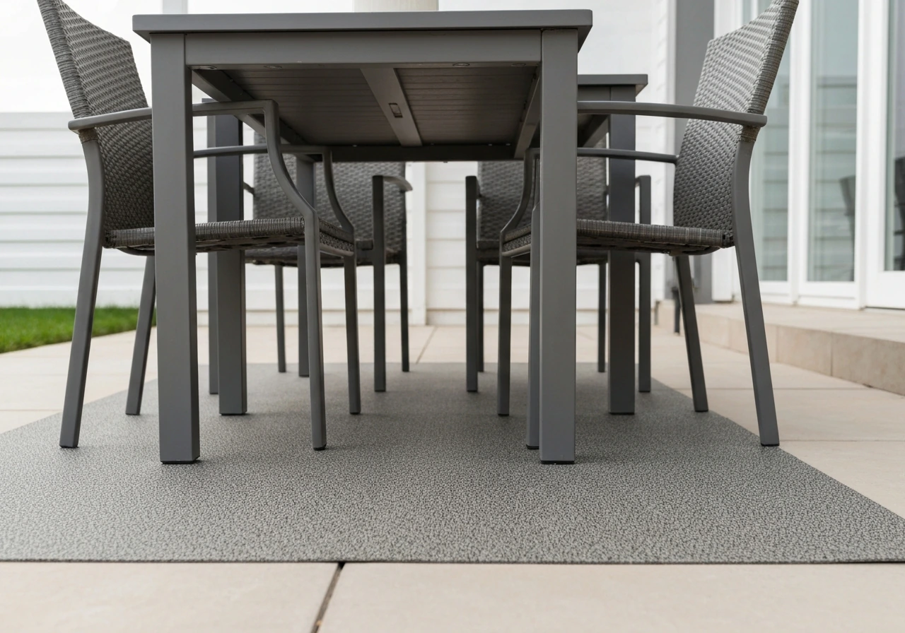 Patio dining set legs resting on an outdoor non-slip grip mat for full under-set coverage.