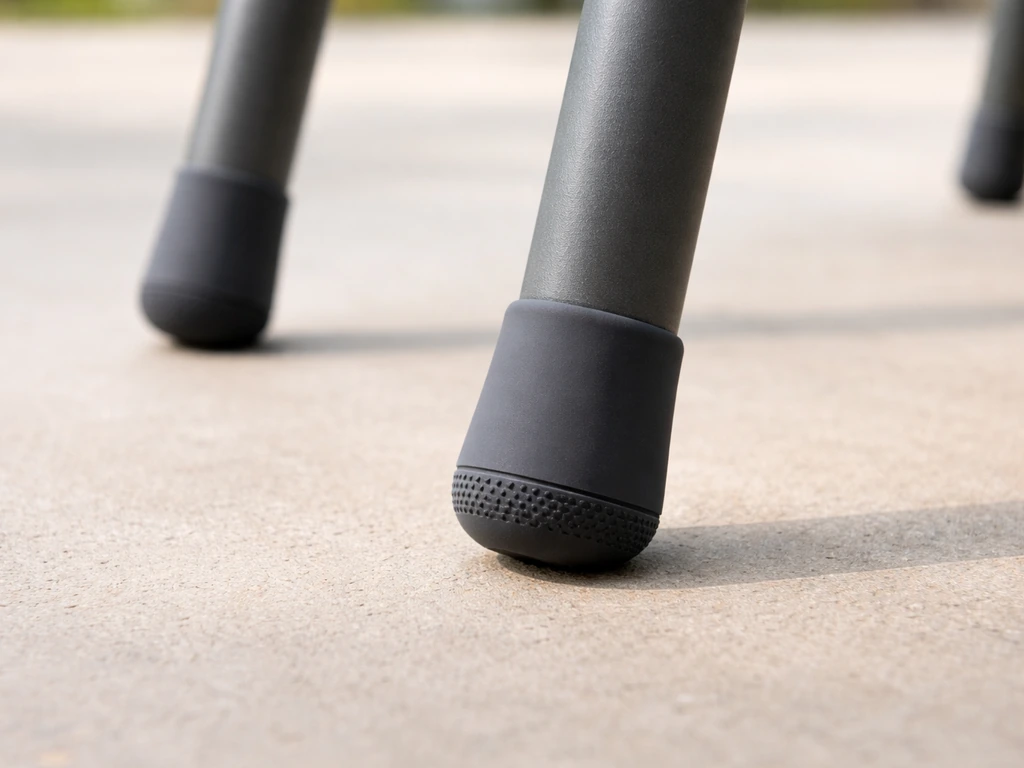 Close-up of tubular metal chair legs fitted with thick silicone grip socks on the ends