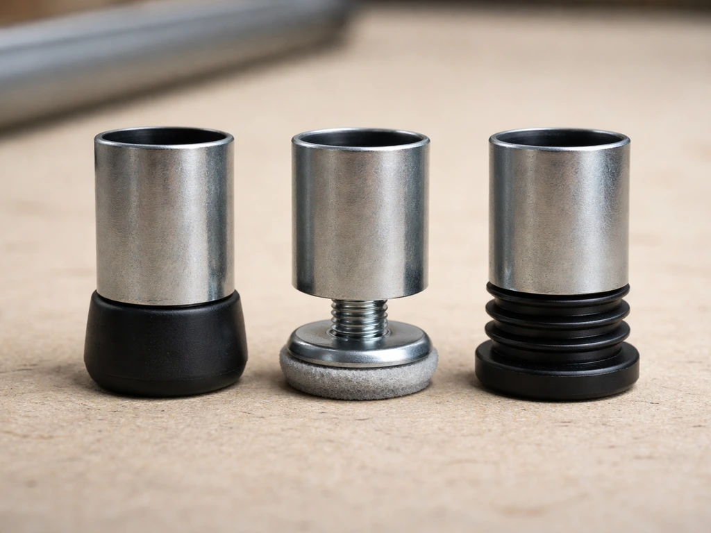 Three chair glide types laid out side-by-side on tubing: push-in cap, screw-in glide, and other insert.