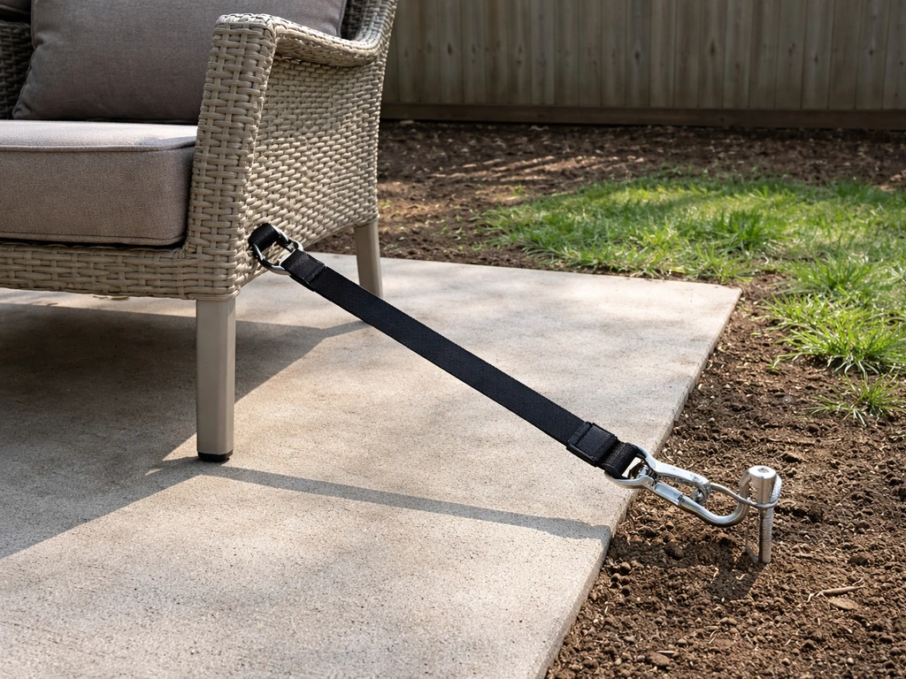 Outdoor patio chair tied down with an anti-move strap to a grounded anchor stake.